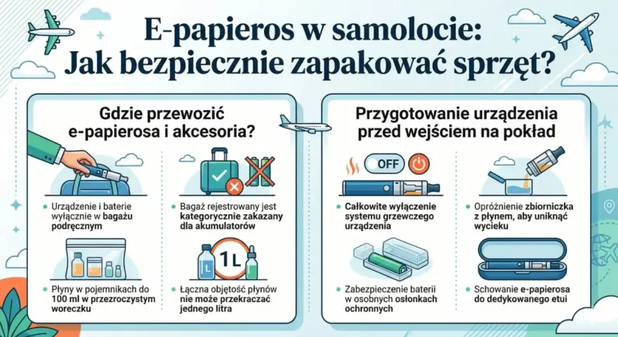 Informacje o przewożeniu e-papierosa w samolocie: urządzenie i baterie w bagażu podręcznym, płyny do 100 ml, zakaz akumulatorów w rejestrowanym. Ile paczek papierosów można przewieźć samolotem? Brak informacji.