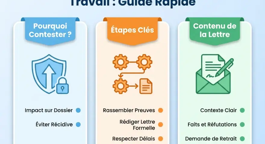Guide rapide pour contester un avertissement au travail : impact sur dossier, éviter récidive, rassembler preuves, rédiger lettre, respecter délais, contexte clair, faits, réfutations et demande de retrait.