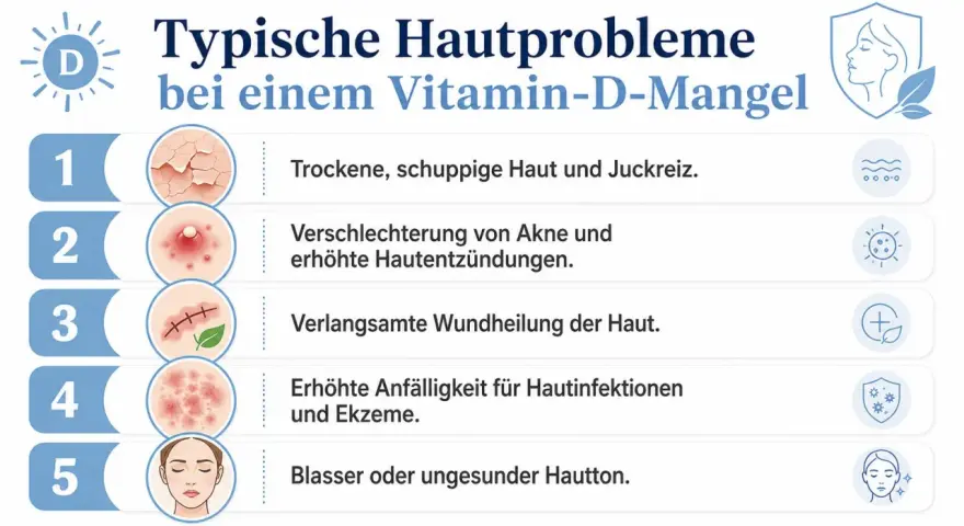 Problemi tipici della pelle con carenza di vitamina D: pelle secca, acne, lenta guarigione, infezioni e colorito spento.