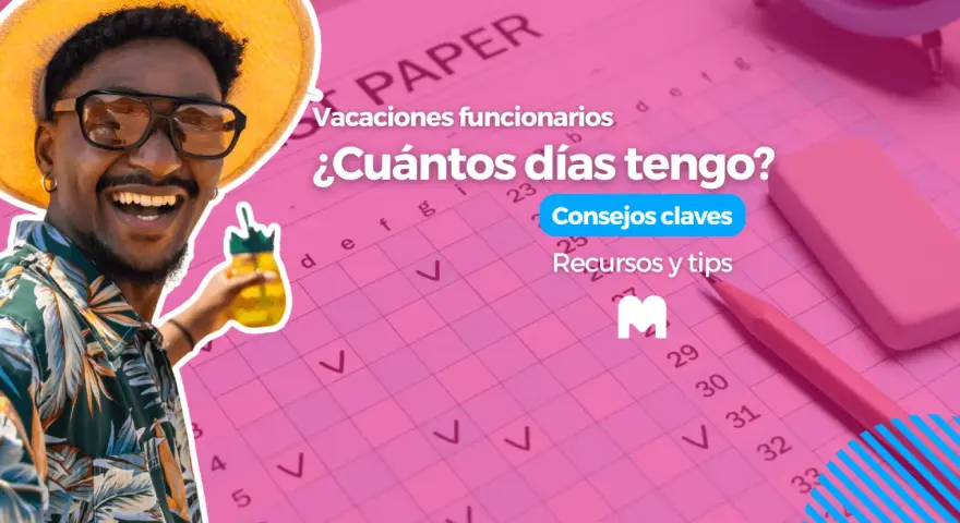 Hombre sonriente con sombrero de paja y gafas de sol, sosteniendo una bebida. El fondo muestra un calendario rosa con la pregunta "¿Cuántos días tengo?" y la frase "con cuántos días de antelación hay que pedir asuntos propios".