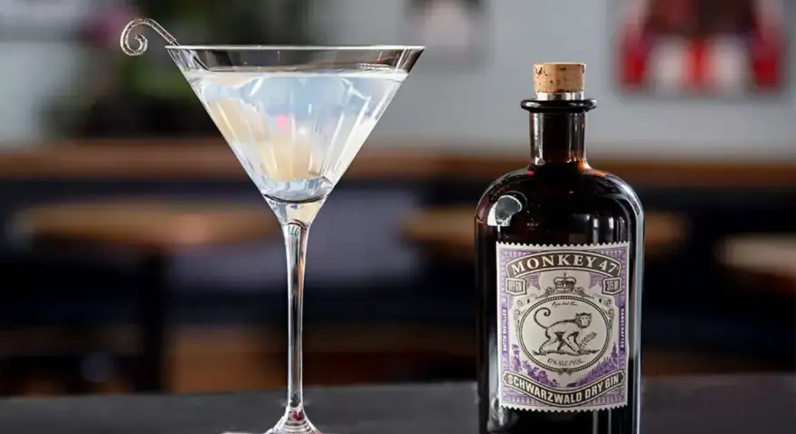 Klasyczny gin martini przepis z Monkey 47. Elegancki kieliszek z drinkiem i butelka ginu na blacie.