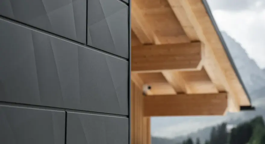 Moderne Prefa Fassade in Anthrazit mit geometrischem Muster. Die Kosten für eine solche Fassade sind eine gute Investition in die Langlebigkeit.