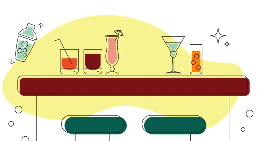 Ilustracja baru z drinkami, shakerem i dwoma stołkami. Idealne miejsce na znalezienie przepisu na drink Monte.