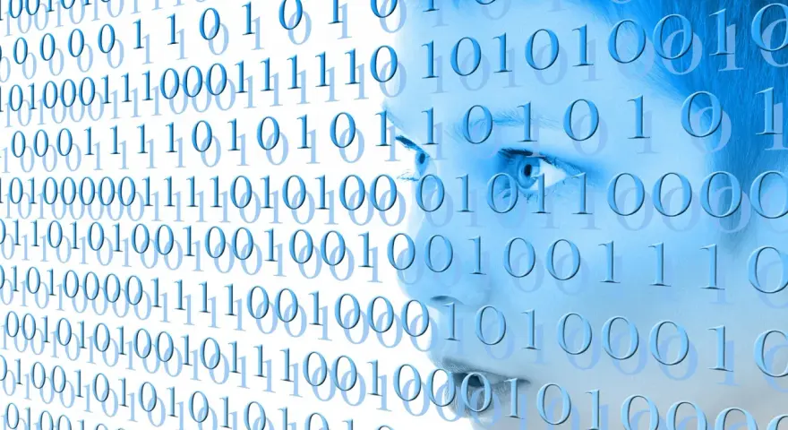 Twarz dziecka otoczona kodem binarnym, symbolizująca test uzależnienia od internetu.