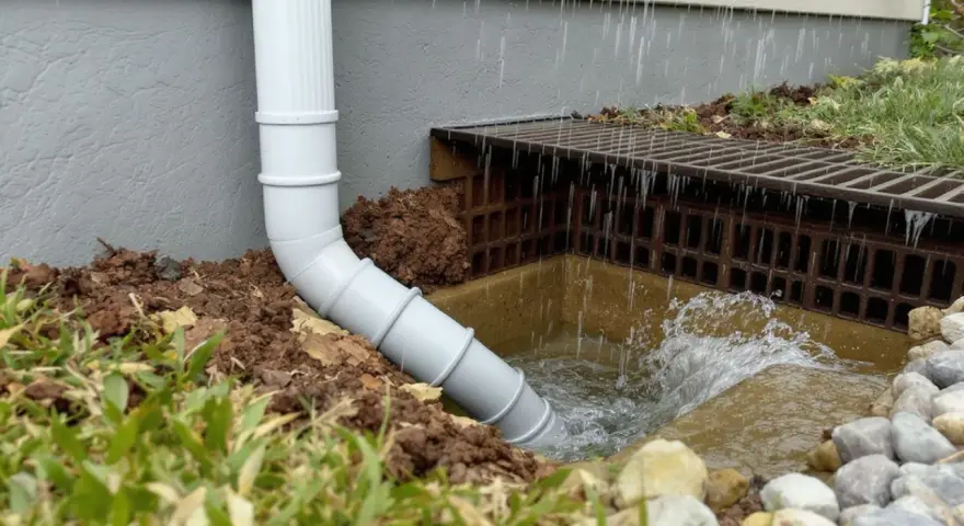 Un tuyau blanc dirige l'eau de pluie vers un drain. Le système d'évacuation eau pluviale fonctionne bien, empêchant l'eau de stagner près de la maison.