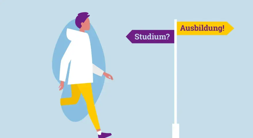 Person steht vor Wegweiser: "Studium?" links, "Ausbildung!" rechts. Entscheidung zwischen Ausbildung vs Studium.