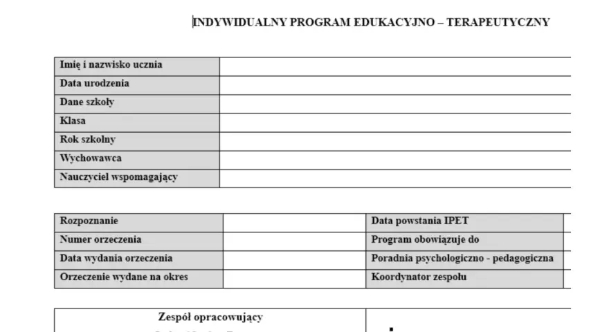 Formularz IPET dla ucznia ze zdiagnozowaną niepełnosprawnością intelektualną w stopniu lekkim, przeznaczony dla szkoły podstawowej.