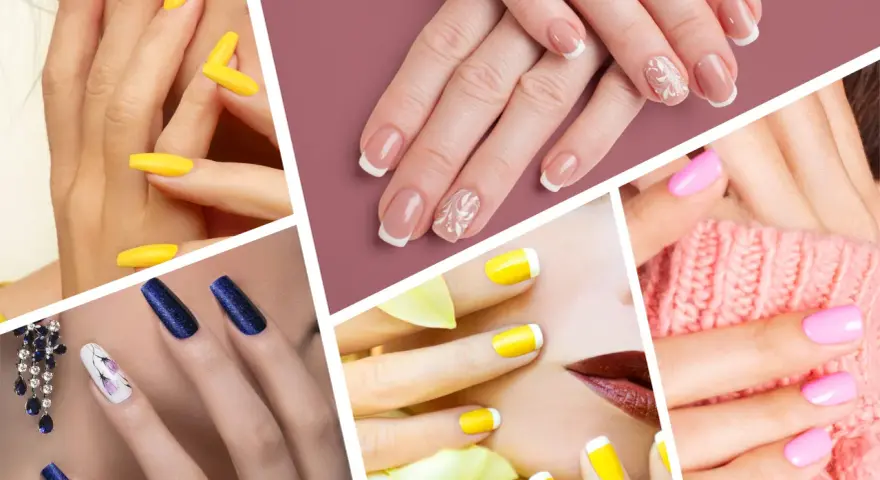 Un collage di mani con unghie colorate: giallo vivace, blu glitterato, rosa pastello e french manicure con decorazioni floreali.
