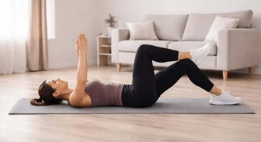 Femme effectuant un exercice de gainage dos sur un tapis, bras levés, dans un salon lumineux.