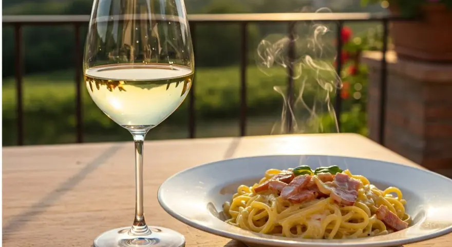 Pyszne spaghetti carbonara paruje, a obok kieliszek złocistego wina półwytrawnego. Idealny wieczór na tarasie.