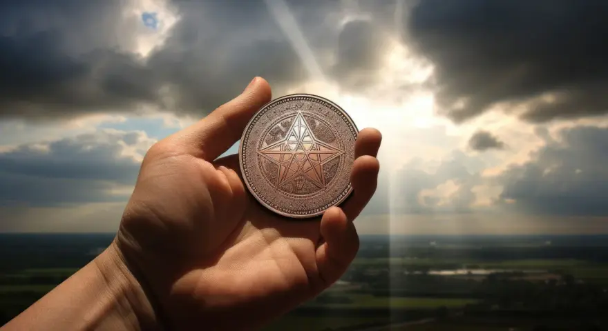 Dłoń trzyma monetę z pentagramem, symbolizującą **ace of pentacles znaczenie** – nowy początek, obfitość i materialne spełnienie.