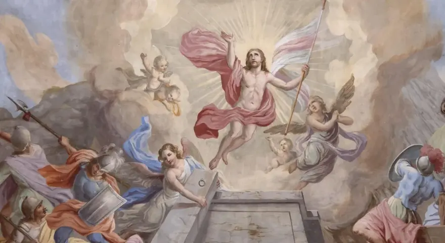 Auferstehung Christi, der Grund für Ostern. Engel und Soldaten sind Zeugen des glorreichen Aufstiegs.