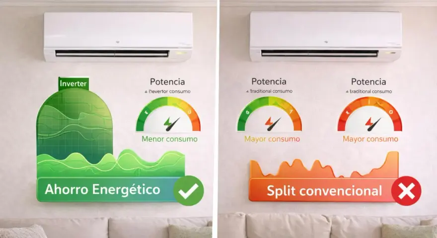Comparativa de aire acondicionado: split inverter con menor consumo energético frente a split convencional de mayor consumo.