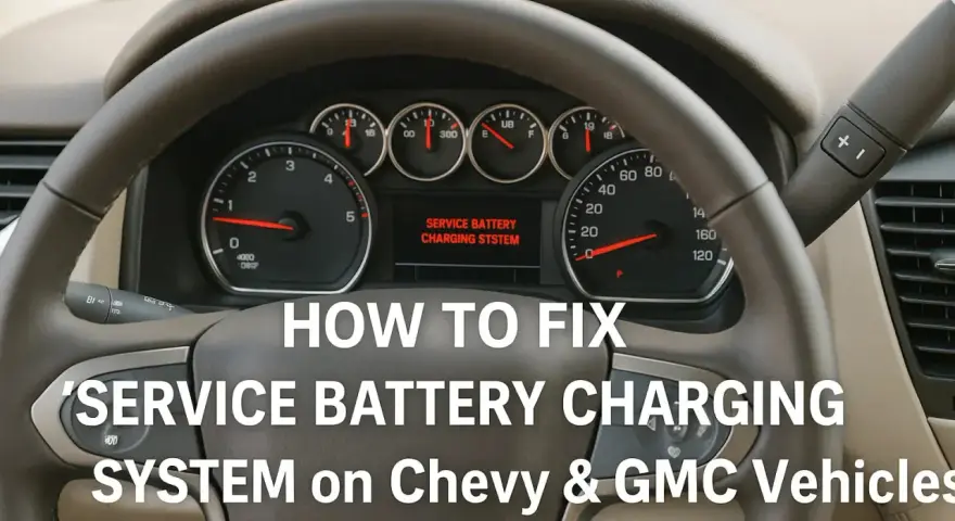 Dashboard of a Chevy/GMC vehicle showing a "SERVICE BATTERY CHARGING SYSTEM" warning light, with text overlay "HOW TO FIX SERVICE BATTERY CHARGING SYSTEM".