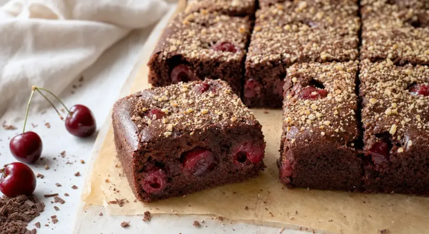 Saftiger kirschkuchen mit frischen kirschen, bestreut mit Nüssen. Daneben liegen frische Kirschen und Schokostückchen.