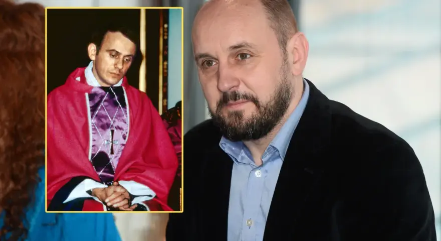 Kto grał Popiełuszkę? Na zdjęciu ks. Jerzy Popiełuszko w szatach liturgicznych i aktor Adam Woronowicz.