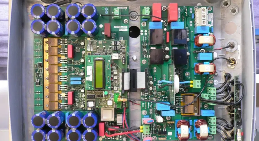 Wnętrze urządzenia elektronicznego z licznymi kondensatorami, cewkami i płytkami drukowanymi. To jest właśnie osd co to za technologia?