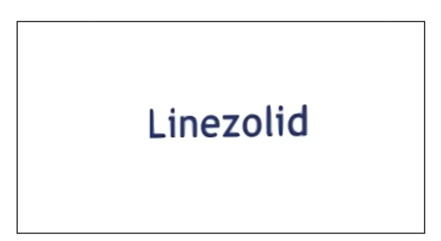 Niebieski napis "Linezolid" na białym tle. Linezolid to antybiotyk.