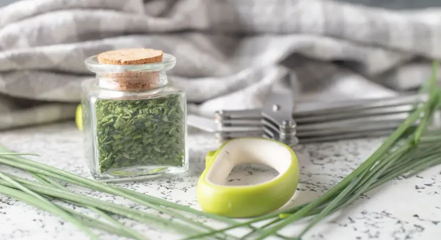 A jar filled with dried chives, showcasing how to dry chives for long-term storage. Fresh chives and kitchen tools are nearby.