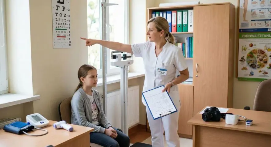 Pielęgniarka podczas indywidualnej praktyki pielęgniarskiej bada wzrok dziewczynki, wskazując na tablicę Snellena.