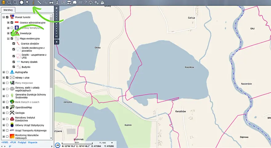 Mapa ewidencyjna z zaznaczonymi granicami obrębów, działkami ewidencyjnymi i budynkami. Widoczne są również hydrografia i nazwy miejscowości.
