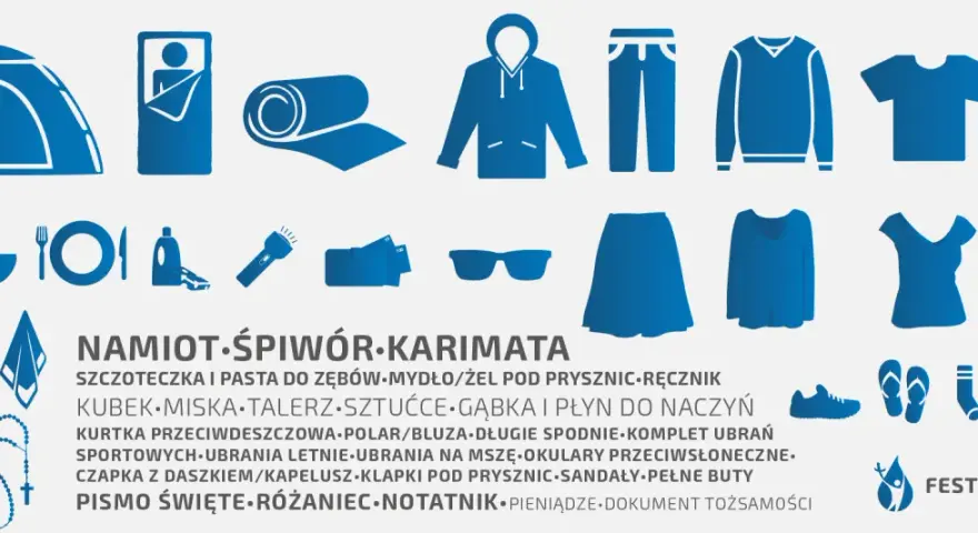Lista rzeczy, co zabrać na festiwal: namiot, śpiwór, karimata, ubrania, przybory toaletowe, jedzenie, pieniądze, dokumenty.