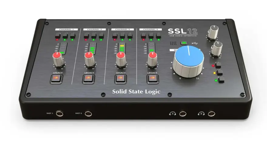 Solid State Logic SSL12, profesjonalny interfejs audio USB z czterema kanałami, pokrętłami Legacy i wskaźnikami poziomu.