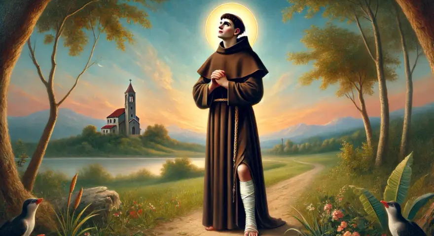 Młody mężczyzna w habicie, z raną na nodze, wznosi oczy ku niebu. W tle kościół i krajobraz. To jego modlitwa o cud.