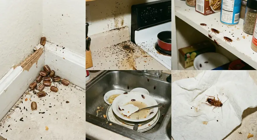 Una plaga de cucaracha oriental en casa. Se ven en esquinas, encimeras sucias, estantes y en un fregadero con platos sucios.