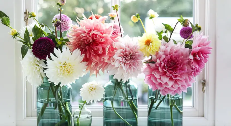 Vaser med dahlia inomhus, i nyanser av rosa, vitt, lila och gult, står på en fönsterbräda.