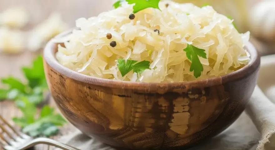 Schüssel mit Sauerkraut, garniert mit Petersilie und Pfefferkörnern. Dieses fermentierte Gericht ist bekannt dafür, dass Sauerkraut gesund ist.
