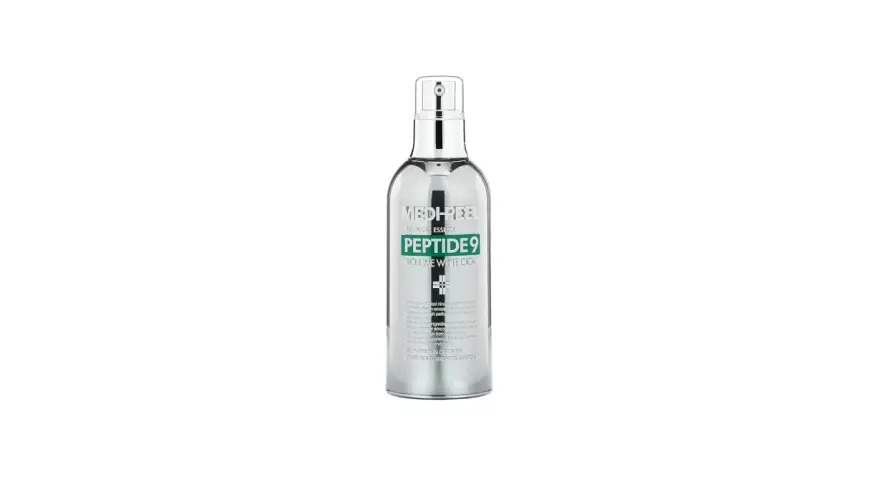 Srebrna butelka z pompką, zawierająca esencję MEDI-PEEL Peptide9 Volume White Cica. Produkt do pielęgnacji skóry.