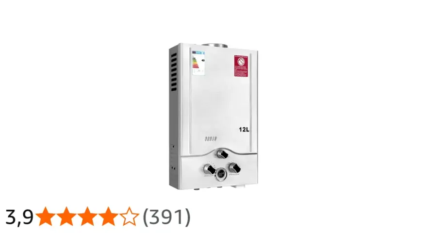 Scaldabagno a gas da 12L, ideale per aumentare pressione acqua. Regolatori gas e acqua visibili.
