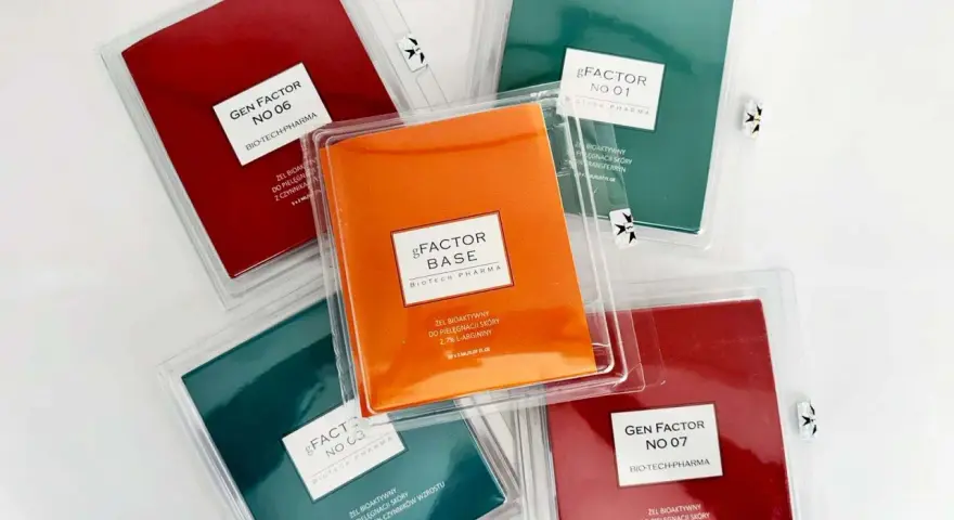 Zestaw produktów do pielęgnacji skóry z serii gFactor, w tym gFactor Base i gFactor No 01.