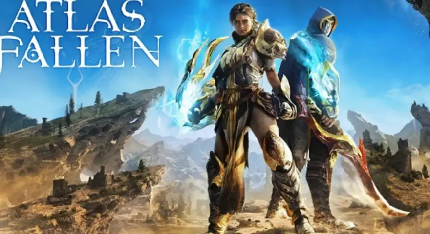 Dos guerreros, uno con armadura dorada y otro encapuchado, se alzan en un paisaje árido y montañoso. El título "Atlas Fallen" flota en el cielo azul.