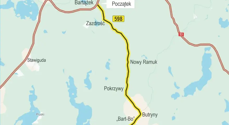 Mapa z zaznaczonymi trasami rowerowymi w okolicach Olsztyna. Widoczne miejscowości: Bartążek, Zazdrość, Nowy Ramuk, Pokrzywy, Butryny.