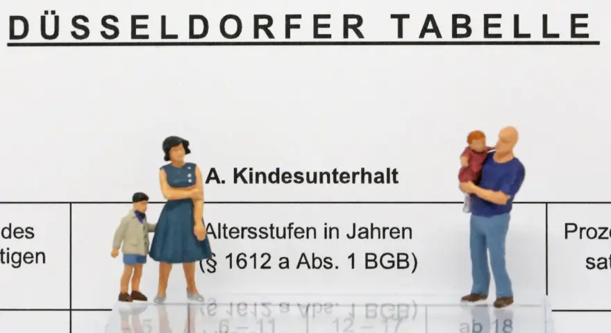 Düsseldorfer Tabelle: Was passiert, wenn ich keinen Unterhalt zahlen kann? Figuren stellen Familie dar, die sich mit Kindesunterhalt befasst.