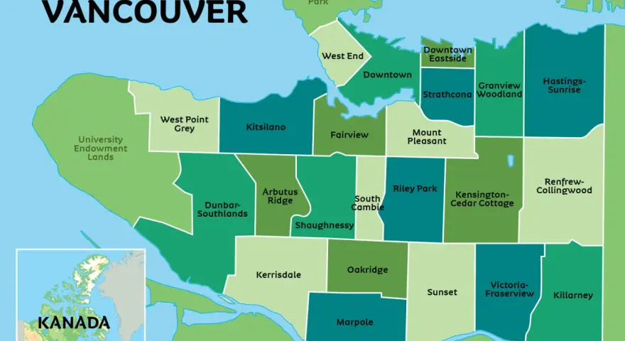 Mapa pokazuje gdzie leży Vancouver w Kanadzie, z podziałem na dzielnice: Downtown, Kitsilano, Stanley Park i inne.
