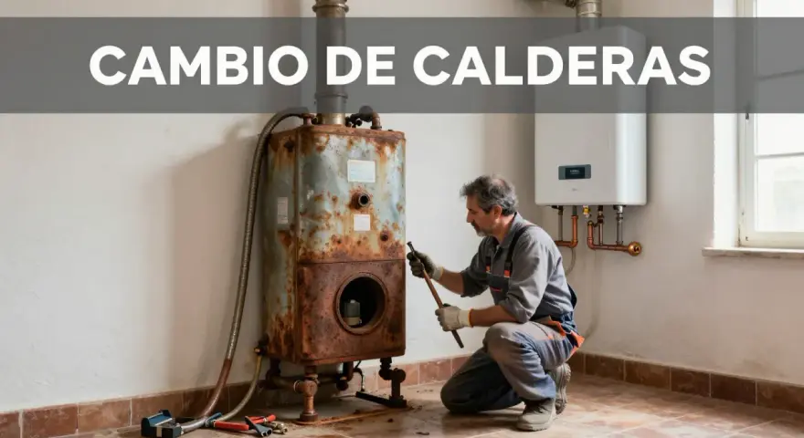 Un técnico evalúa una caldera vieja y oxidada junto a una nueva. Averigua cuanto cuesta cambiar una caldera de gas.