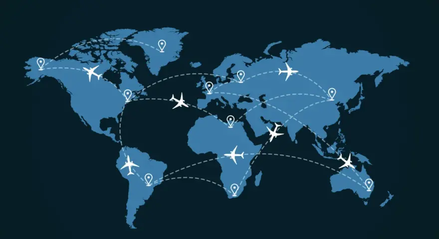World map with flight paths connecting continents. Discover the best time to book international flights to Europe for your next adventure.