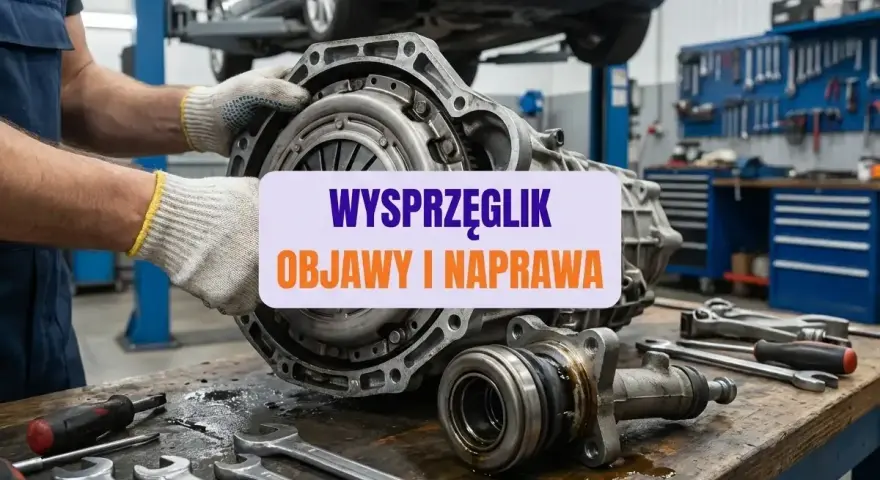 Mechanik trzyma skrzynię biegów, na stole leżą klucze. Widoczny wysprzęglik centralny, objawy i naprawa.