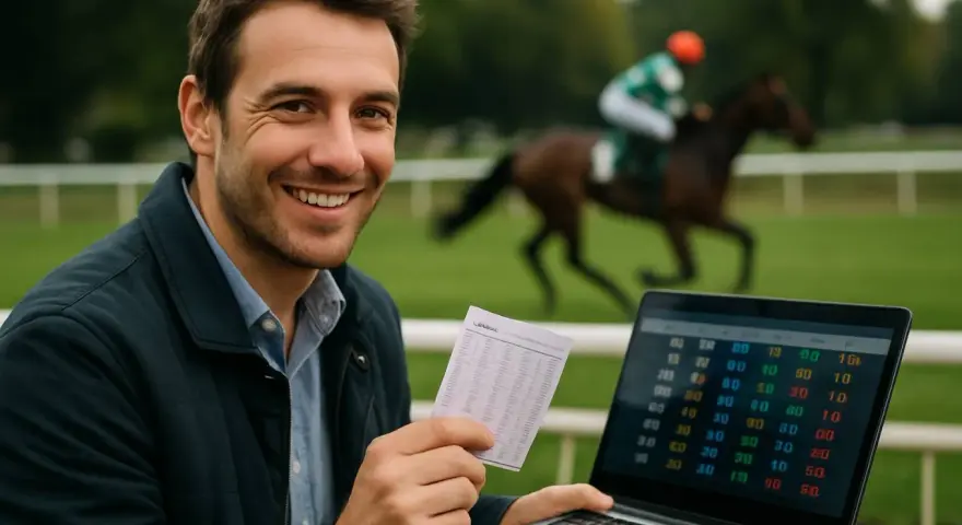 Homme souriant avec un ticket de pari et un ordinateur portable, regardant les cotes cheval en arrière-plan d'une course.