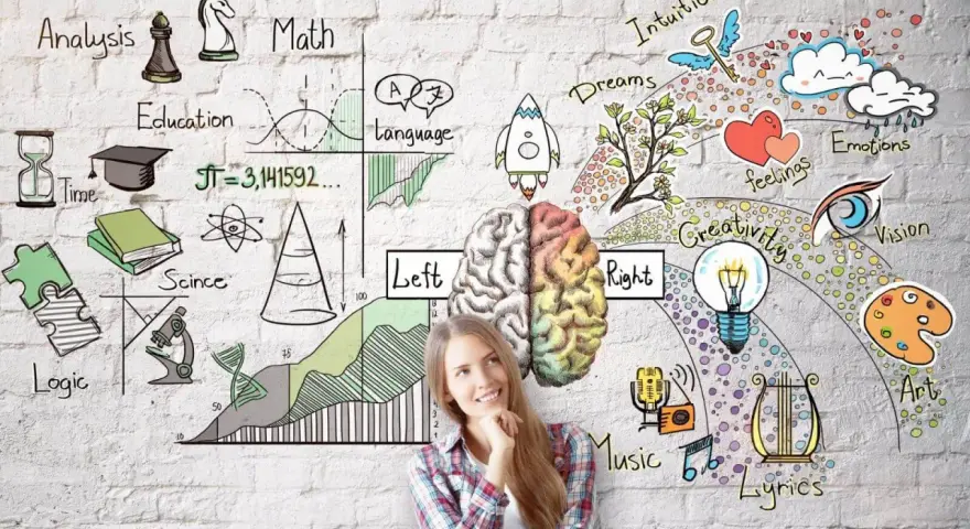 Eine Frau denkt über verschiedene lernmethoden nach, die von Logik und Wissenschaft bis hin zu Kreativität und Emotionen reichen.