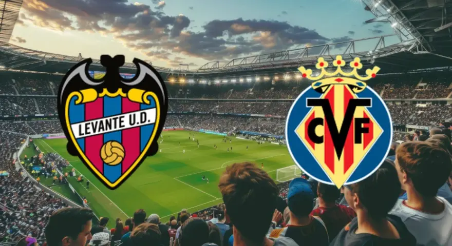 Emblematy Levante i Villarreal na tle stadionu pełnego kibiców. Zapowiada się emocjonujący mecz!