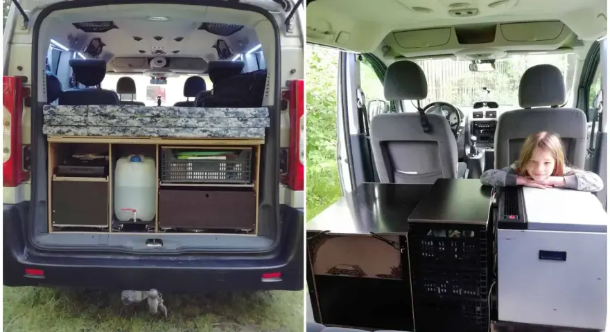 Wnętrze kampera Citroen z łóżkiem, kuchenką, zbiornikiem wody i lodówką. Dziewczynka odpoczywa przy lodówce.