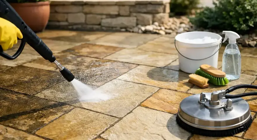 Nettoyer une terrasse en pierre très sale avec un nettoyeur haute pression et des brosses. Un seau et un spray sont prêts pour le nettoyage.