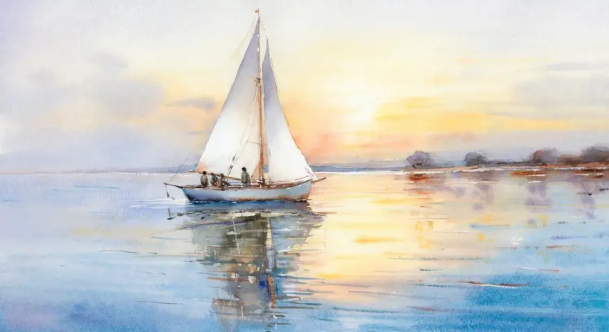 Aquarelle d'un bateau à voile au coucher du soleil. Une scène paisible, facile à reproduire pour les amateurs d'aquarelle.