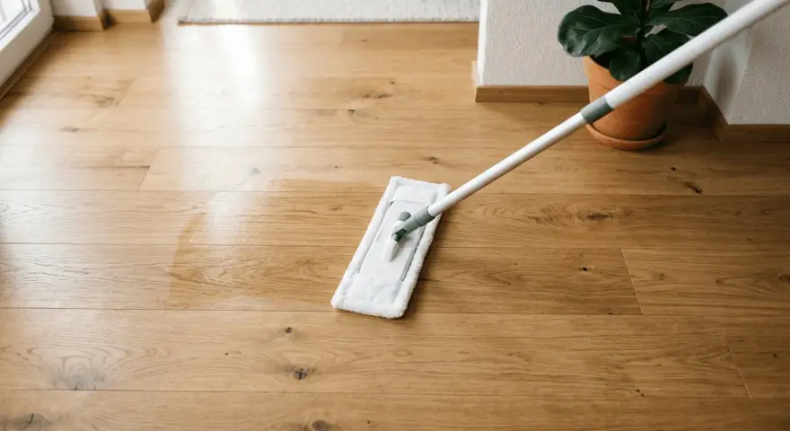 Ein Wischmopp reinigt einen glänzenden Holzboden. Das Laminat erstrahlt nach der Reinigung.
