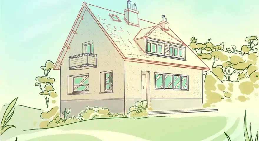 Un dibujo de una casa con balcón, rodeada de árboles y vegetación, bajo un cielo claro.