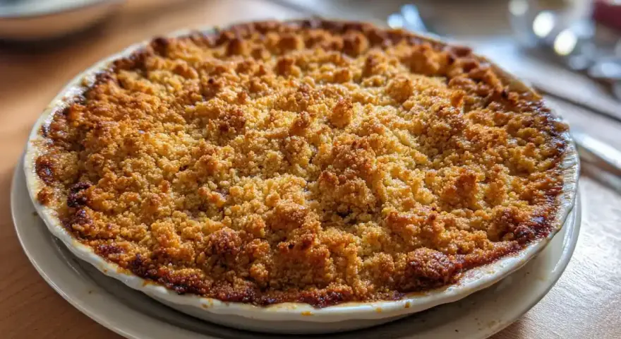 En gyllene rabarberpaj med smuldeg, perfekt för ett somrigt rabarber recept.